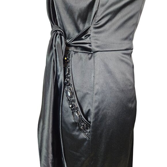 Womens Formal Black Satin Cocktail Dress Bow Detail Beaded Pockets Size L Sexy - Picture 8 of 13